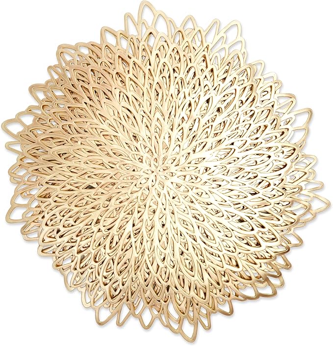 Juvale Gold Placemats - 14.4-Inch Round Vinyl with Leaf Design, Pack of 10 - Table Chargers for Dinner Table Decor