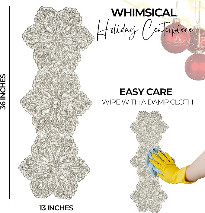 Beaded Table Runner - Elegant & Versatile Dining & Kitchen Linen for Home Decor, Weddings, Parties, Special Occasions, Modern Table Decoration & Luxury Festive Accessory White Silver - CLEENTABLE