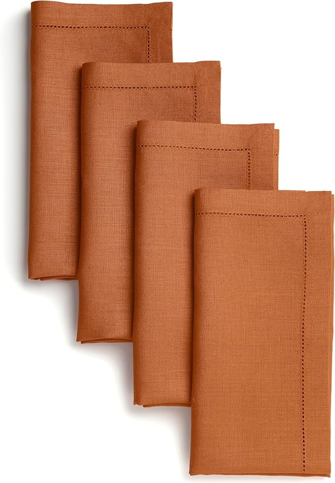 D'Moksha Homes Rust Linen Napkins Set of 4 - Classic Hemstitch 100% Pure Linen Hemstitch Dinner Napkins 20 x 20 Inch for Winter, Christmas, Holiday, New Year - Handcrafted and Machine Washable