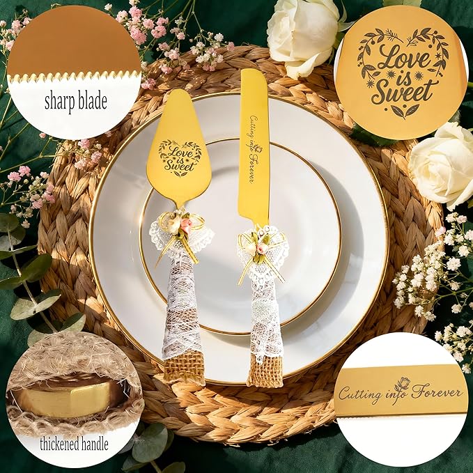 Wedding Cake Knife and Server Set – 10.83" Serrated Knife & 9.84" Server with Rustic Lace Burlap Handles, Stainless Steel Blades, for Bride & Groom, Anniversary & Engagement Gift(gold)