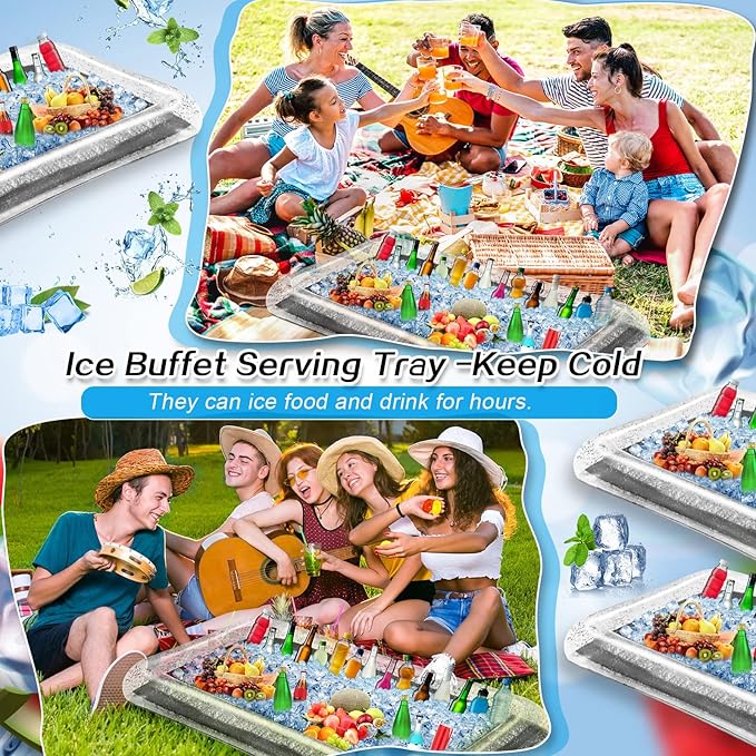 3 Pcs Inflatable Serving Bar Salad Ice Tray Food Drink Candy Buffet Containers Picnic Pool Inflatable Cooler with a Drain Plug and a Hand Pump, 53 x 23.6 x 4.7 Inch(Silver)