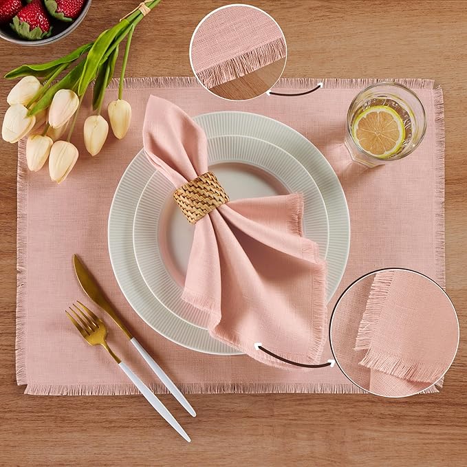 Solino Home Fringe Linen Placemats Set of 4 - Misty Pink Placemats 14 x 19 Inch - 100% Pure Linen Table Mats for Christmas