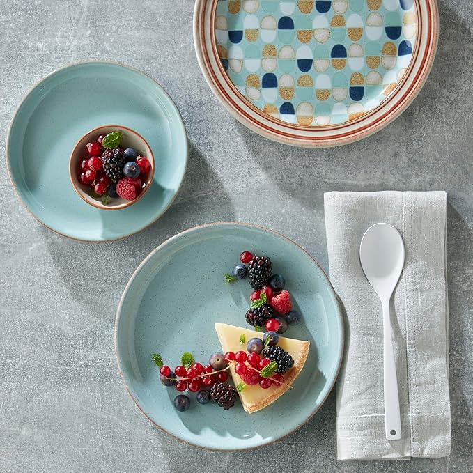 Denby - Heritage Pavillion Coupe 4 Piece Dinner Set For 1 - Blue Ceramic Stoneware Tableware - Dishwasher & Microwave Safe - Scratch Chip Resistant - 1 x Dinnerware Plates, Side Plates & Cereal Bowl