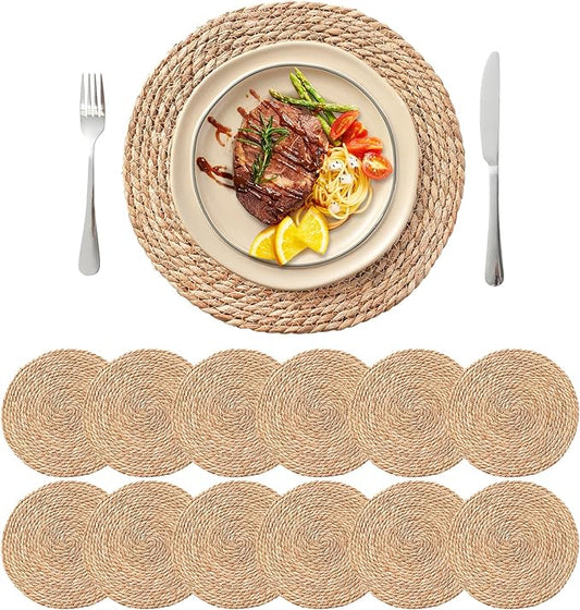 13.8'' Round Woven Placemats Set of 12, Boho Rattan Chargers for Dinner Plates, Rustic Wicker Place Mats, Straw Braided Table Placemats, for Dining Table Decor, Wedding, Farmhouse and Outdoor