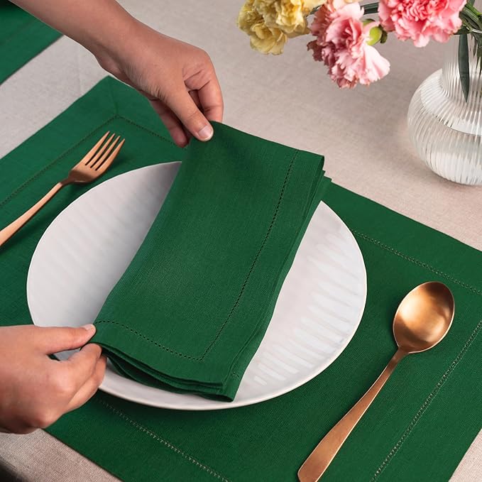 D'Moksha Homes Forest Green Linen Napkins Set of 4 - Classic Hemstitch 100% Pure Linen Hemstitch Dinner Napkins 20 x 20 Inch for Winter, Christmas, Holiday, New Year - Handcrafted and Machine Washable