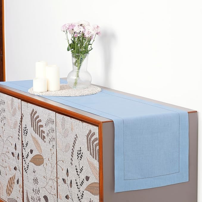 D'Moksha Homes Linen Powder Blue Table Runner 36 Inches - 100% Pure Linen Small Table Runner 14 x 36 Inch Ideal for Dresser, Coffee Tables, Winter, Christmas, Holiday, New Year - Classic Hemstitch