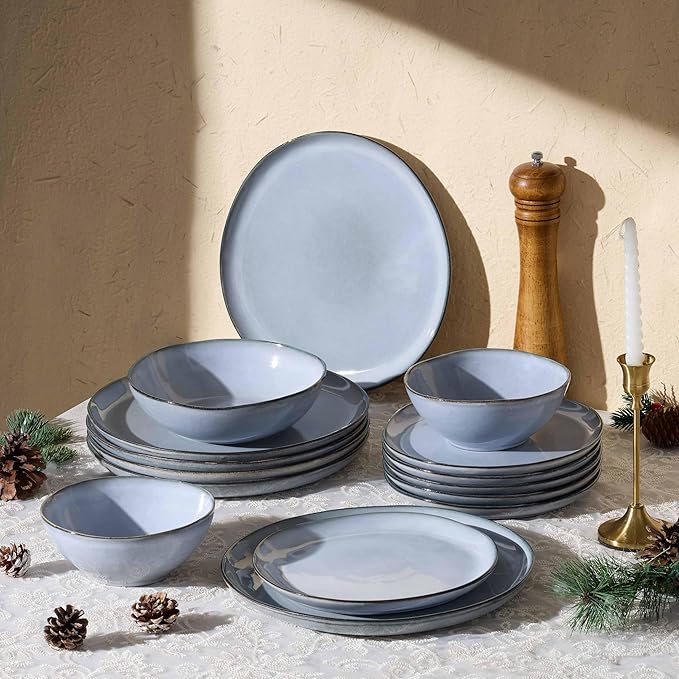 Herogo Stoneware Dinnerware Sets for 6, 24 Piece Ceramic Dinner Dishes Set, Irregular Handmade Plates and Bowls Dishware, Crack and Scratch Resistant, Reactive Glaze, Smoky Blue