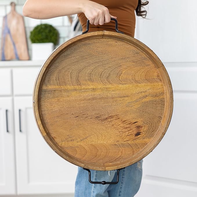 20" Extra Large Round Ottoman Tray, Heavy Duty Mango Wood, for Serving Tea, Breakfast in Bed, Living Room Large Coffee Table Tray Rustic with Farmhouse Style, Decorative Handles and Accent Strap