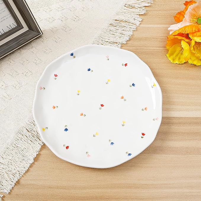 Koythin Floral Ceramic Dinner Plates, 8" Microwave Safe Dishes for Pasta, Modern Rustic Appetizer Plate for Salad Fruits Dessert Cake (Tulip Small Floral Fragments)