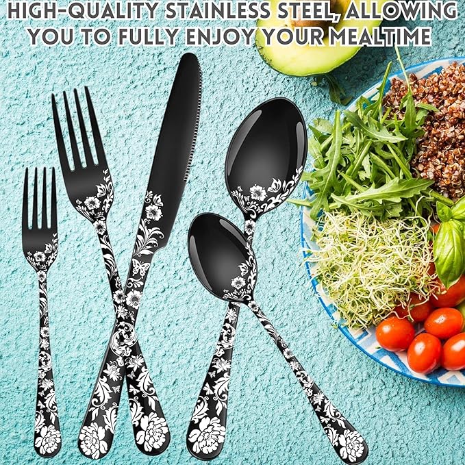 Vilihkc 20-Piece Peony Flower Pattern Design Silverware Set, Stainless Steel Flatware Set for 4, Black Cutlery, Mirror Polished Utensils, Dishwasher Safe