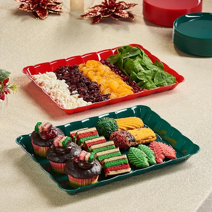 Plasticpro Plastic Christmass Green Serving Trays - Serving Platters Rectangle 9X13 Disposable Party Dish Includes 12