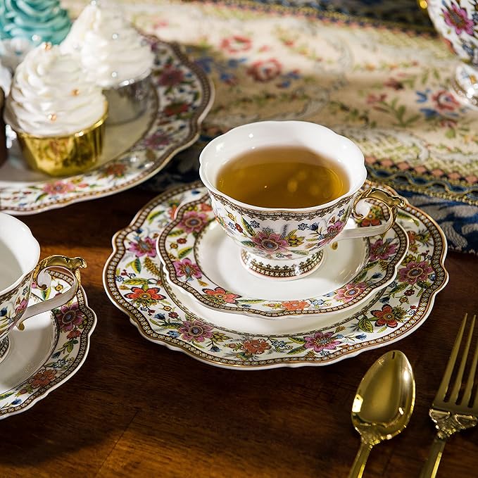ACMLIFE Bone China Dinnerware Set for 4, 12-Piece Vintage Floral Dinnerware Set, Kitchen Plates and Bowls Set, China Plates Set, Christmas Gifts for Women, Thanksgiving Dinnerware Sets(Pink)