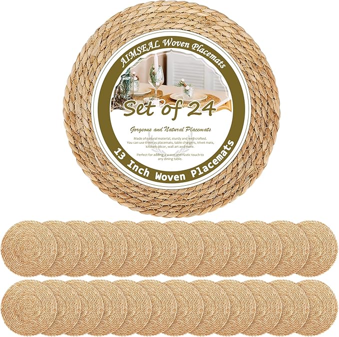13 Inch Woven Placemats Set of 24, Boho Round Place Mats for Dining Table Decor, Rustic Jute Chargers for Dinner Plates, Outdoor Patio, Farmhouse Wedding, Water Hyacinth Wicker Rattan Braided Placemat
