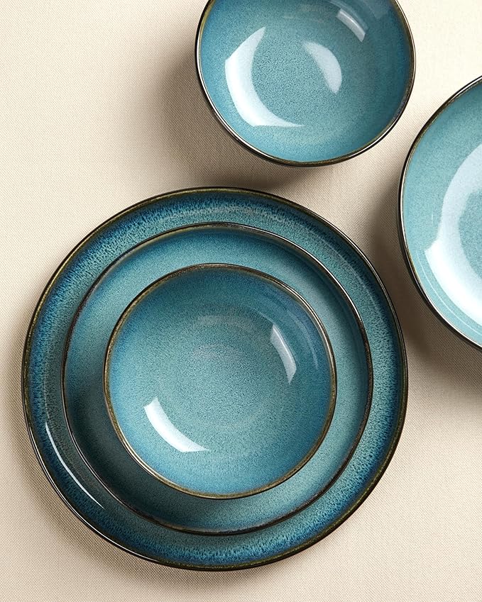 10 Inch Dinner Plates Set of 6, Wavy Rim Stoneware Plates, Microwave & Dishwasher Safe, Ceramic Plates for Steak, Pizza, Lunch, Serving, Green Black