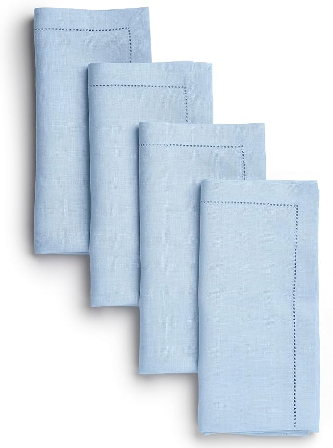 D'Moksha Homes Powder Blue Linen Napkins Set of 4 - Classic Hemstitch 100% Pure Linen Dinner Napkins Cloth 20 x 20 Inch for Winter, Christmas, Holiday, New Year - Handcrafted and Machine Washable