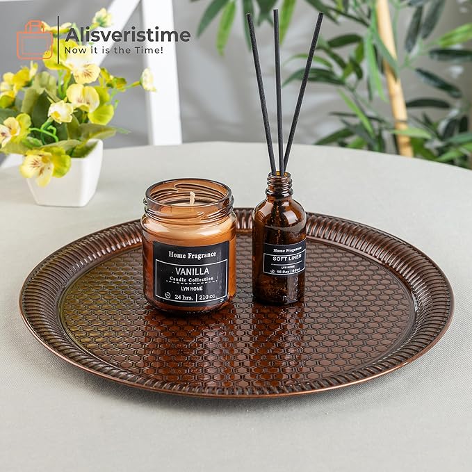 Alisveristime Round Hammered Metal Serving Tray – Ottoman Style, (11.8" Diameter, 12.6 oz) 5 Color Options (Brown)
