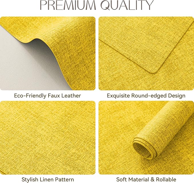 Romanstile Vinyl Placemats Set of 8-12 X 17 Inch - Faux Leather 100% Waterproof Oil-Proof Wipeable Place Mats, Heat Resistant Reversible PU Table Mats for Kitchen Dining Party Outdoor, Yellow