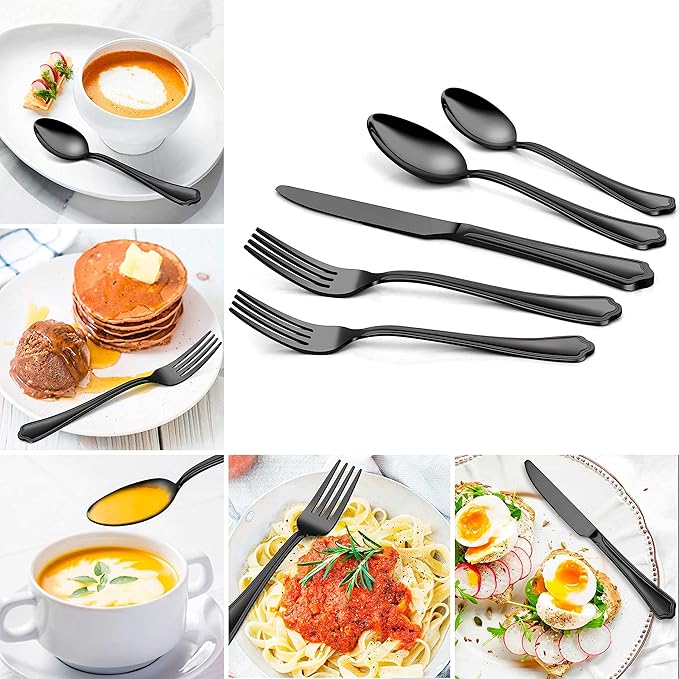 Herogo 40-Piece Black Silverware Set with Scalloped Edge, Stainless Steel Flatware Cutlery Set for 8, Modern Tableware Eating Utensils, Dishwasher Safe, Mirror Polished