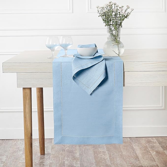 D'Moksha Homes Linen Powder Blue Table Runner 36 Inches - 100% Pure Linen Small Table Runner 14 x 36 Inch Ideal for Dresser, Coffee Tables, Winter, Christmas, Holiday, New Year - Classic Hemstitch