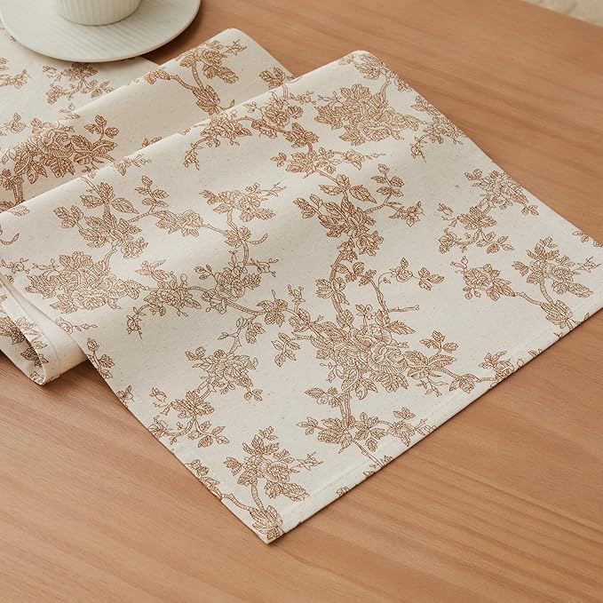100% Cotton French Pastoral Table Runners, 13x90 Inch Brown Farmhouse Table Runners 90 Inches Long, Vintage Flowers Print Home Decors