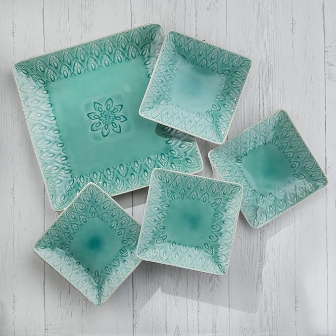 Euro Ceramica Peacock Stoneware 4-Piece 6.5''Square Appetizer Plate Set,Lagoon, (PK-20712LN)
