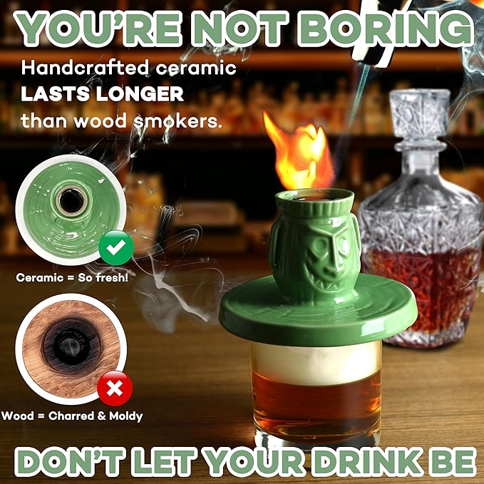 Jigger N' Dash Cocktail Smoker Kit with Torch, Tiki Top Whiskey Smoker, Bourbon Gifts for Men Old Fashioned Smoker Kit Whiskey Infuser Kit Bourbon Smoker Kit Whiskey Smoker Set (Green Tiki)