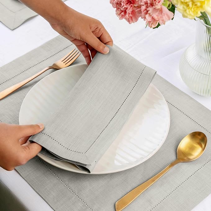 D'Moksha Homes Silver Grey Linen Napkins Set of 8 - Classic Hemstitch 100% Pure Linen Dinner Napkins Cloth 20 x 20 Inch for Winter, Christmas, Holiday, New Year - Handcrafted and Machine Washable