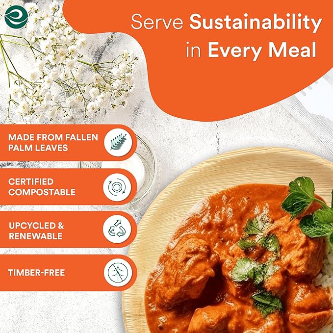 ECO SOUL Palm Leaf Disposable Bamboo Plates 10" Round Compostable & Biodegradable Party Plates for Christmas Dinner, Weddings, Parties & Events 50 Count