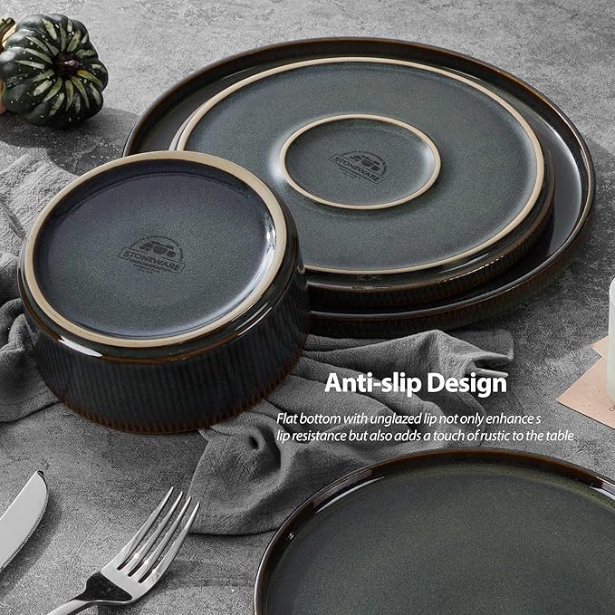 LIANYU Dinnerware Sets with Pasta Bowls, 16 Piece Plates and Bowls Set for 4, Ribbed Stoneware Dishes Set for Kitchen Dining, Microwave and Dishwasher Safe, Jungle Green