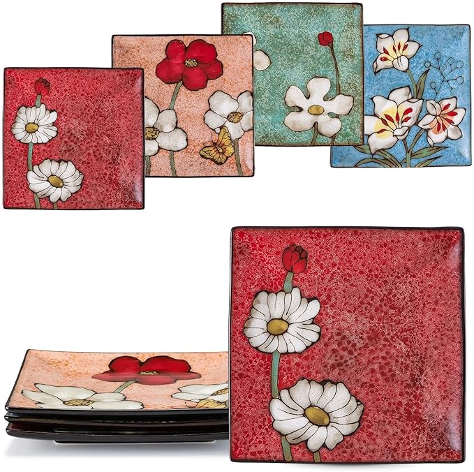 Porcelain Square Dessert Salad Pasta Plates 7.5 inches ceramic plates set of 4 Stackable Dinner Plates for Steak, Pasta, Salad, Snacks, Dessert，Microwave and Dishwasher Safe (Multicolor A, 7.5 Inch)