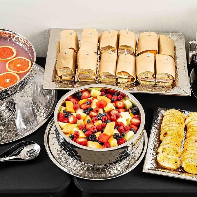 TableCraft 12846 Hive Collection Round Serving Tray, Stainless Steel with Mirror Honeycomb Pattern, Flat Display Tray for Catering & Buffet Service, 16 x 16 x 0.25 Inches