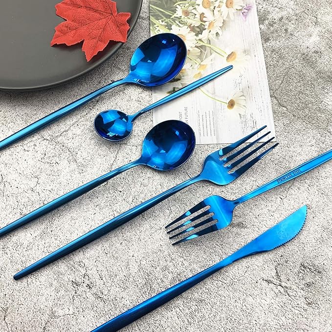 JASHII Silverware Set, Mirror Polished Blue Flatware Cutlery Service for 4, Shiny Finish 24-Piece Stainless Steel Utensil Set - Dinner Knife, Fork, Spoon, Dessert Fork, Salad Spoon - Dishwasher Safe