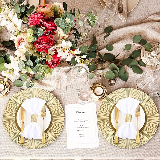 Yaomiao 12 Pcs 13 Inch Gold Charger Plates Bulk Plastic Plates Chargers Round Dinner Chargers for Wedding Party Table Setting Bridal Shower Event Decor (Light Gold)