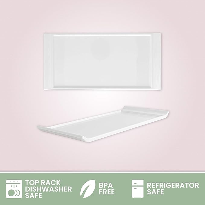 4 Plates Rectangular Dinner Plate 11" x 5.5" Super White, Elegant Dinnerware, 100% Melamine, Non Breakable, Durable