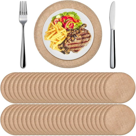 Yunlly Set of 48 Round Burlap Placemats Bulk Burlap Farmhouse Placemats Set Heat Resistant Table Mats Circle Jute Charger Place Mats for Wedding Holiday Dinner Rustic Table Decorations(15 in,Brown)