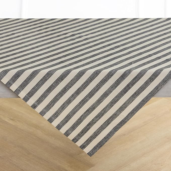 Solino Home Linen Square Tablecloth 52 x 52 Inch - Sorrento Stripe, 100% Pure Linen Black and Natural Table Throw - Machine Washable Tablecloth
