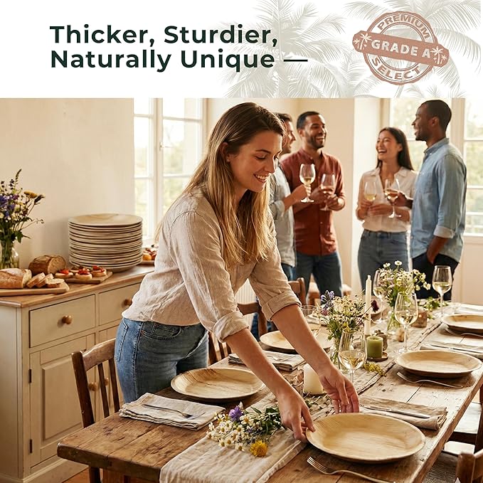 Indie Palm Disposable Palm Leaf Plates – 50 Pack 10 Inch Round – Heavy Duty, 100% Compostable & Biodegradable – Eco-Friendly Alternative to Plastic & Bamboo (50, 10 inches)