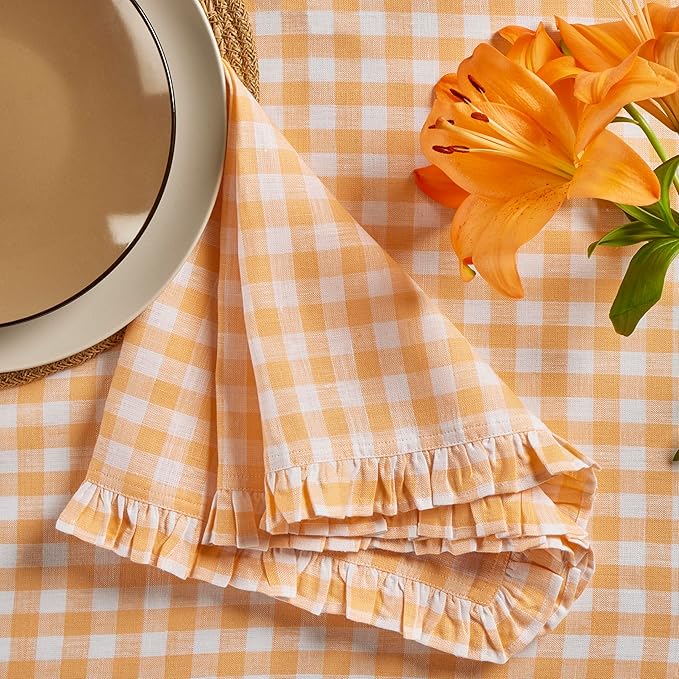Solino Home Linen Gingham Check Dinner Napkins 20 x 20 Inch - 100% Pure Linen Sunny Orange Plaid Cloth Napkins Set of 4 - Gingham Ruffle, Handcrafted and Machine Washable