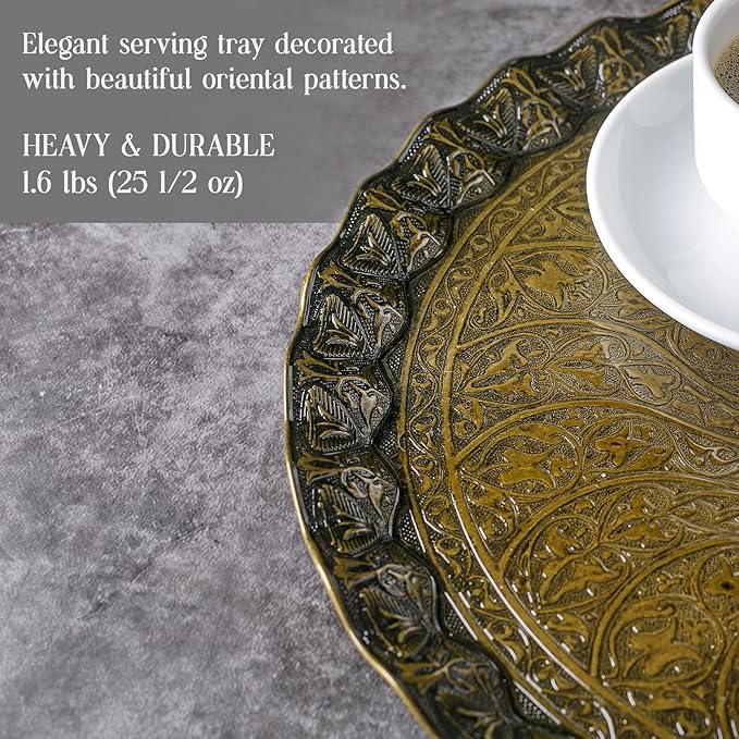 Coffee Tea Beverage Serving Tray, Vintage and Fancy Round Design (Antique Gold)