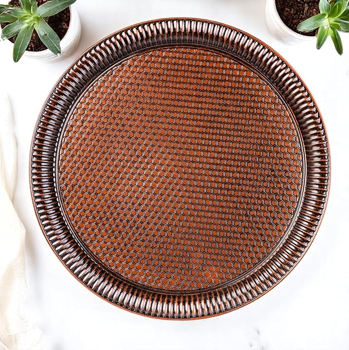 Alisveristime Round Hammered Metal Serving Tray – Ottoman Style, (11.8" Diameter, 12.6 oz) 5 Color Options (Brown)