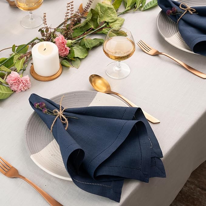 D'Moksha Homes Navy Blue Linen Napkins Set of 4 - Classic Hemstitch 100% Pure Linen Hemstitch Dinner Napkins 20 x 20 Inch for Winter, Christmas, Holiday, New Year - Handcrafted and Machine Washable