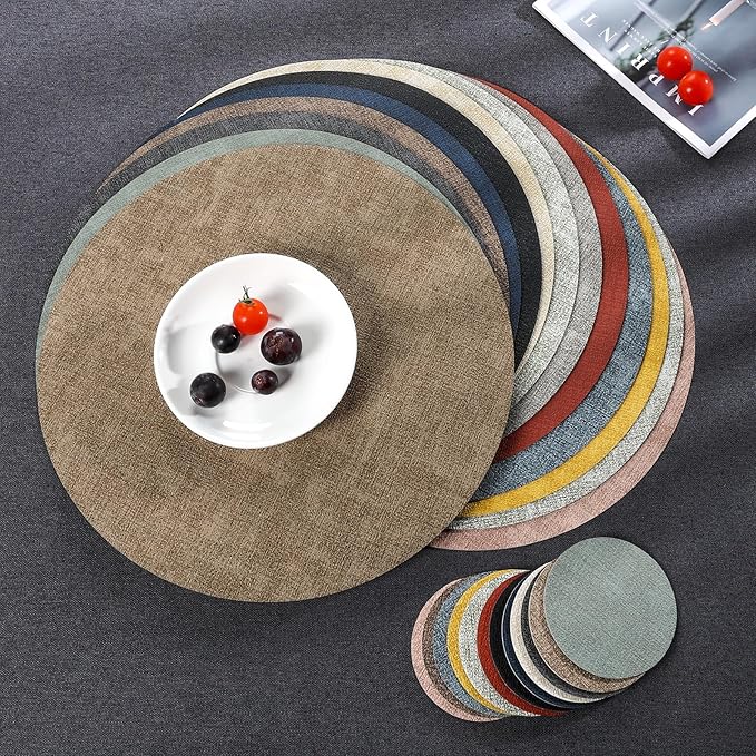 Myir JUN Round Placemats Dual Sided, Faux Leather Place Mats Set of 4 Indoor Placemats for Dining Table Outdoor Placemats Non-Slip Washable Table Mats (Set of 8, Gray Blue)