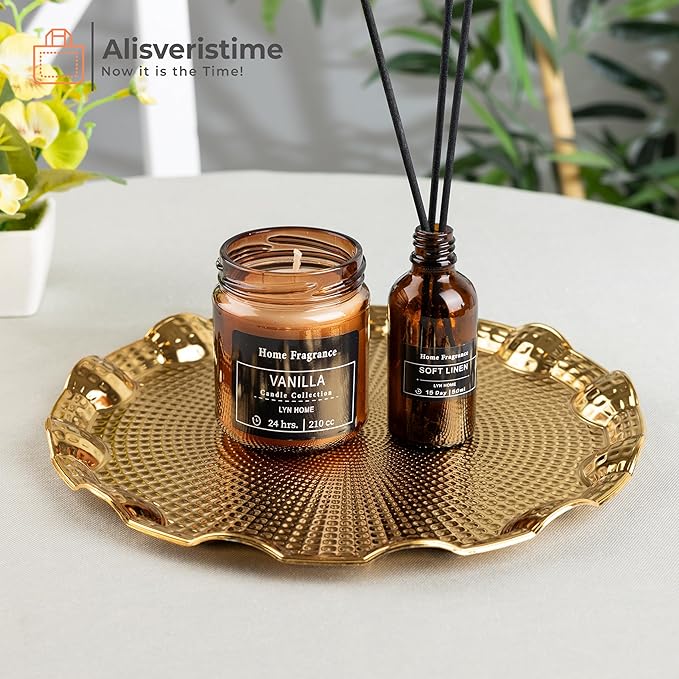 Alisveristime Round Metal Serving Tray for Two – Ottoman Motif, (9.8" Diameter, 10.2 oz) (Gold)