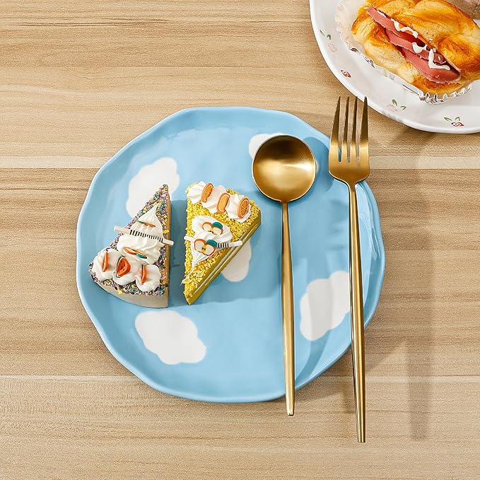 Koythin Floral Ceramic Dinner Plates, 8" Microwave Safe Dishes for Pasta, Modern Rustic Appetizer Plate for Salad Fruits Dessert Cake (Blue Sky and White Clouds)