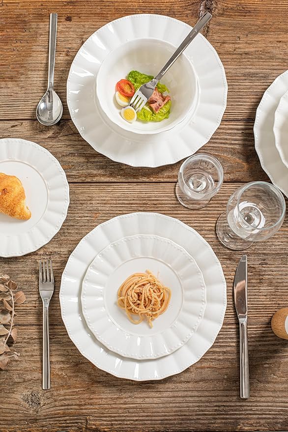 HOMBENE Plates and Bowls Sets, 16 Piece Dinnerware Sets, Porcelain Dinner Set with Plates and Bowls, Ceramic tableware, Modern Bone China Dish Set for 4, Wavy Pattern