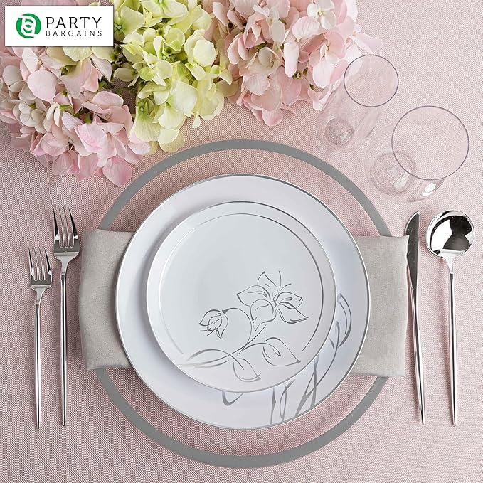 PARTY BARGAINS 13-Inch Charger Plates - 4 Pack, Clear Silver Rim, Heavy-Duty Disposable Chargers for Elegant Dining - Ideal for Weddings and Formal Events