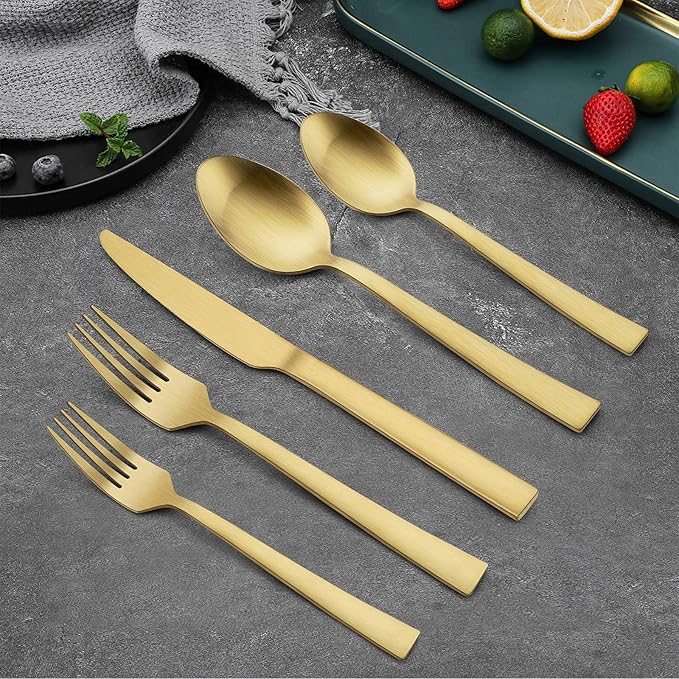 20-Piece Matte Gold Silverware Set, E-far Stainless Steel Flatware Set Service for 4, Metal Cutlery Eating Utensils Tableware Includes Forks/Spoons/Knives, Square Edge