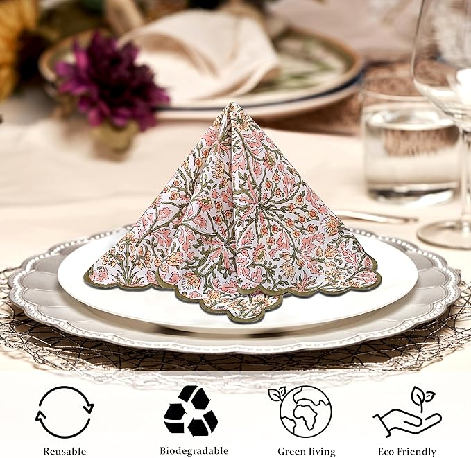 Ridhi Hand Block Print Sassy Salmon Pink 18" x 18" (Set of 4) Embriodery Table Napkins Reusable Cotton Dinner Napkins for Weddings, Parties, Everyday Dining Gift for Spring, Easter, Valentine