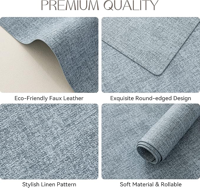 Romanstile Vinyl Placemats Set of 4-12 X 17 Inch - Faux Leather 100% Waterproof Oil-Proof Wipeable Place Mats, Heat Resistant Reversible PU Table Mats for Kitchen Dining Party Outdoor, Sky Blue