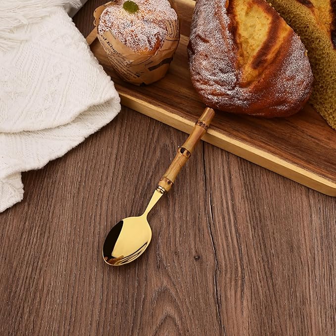 Stainless Steel Flatware Set, Bamboo Handle Silverware Set, Reusable Eating Utensils for Home Kitchen and Restaurant, Modern Gold Cutlery Set, 8 Pieces Dessert Spoons